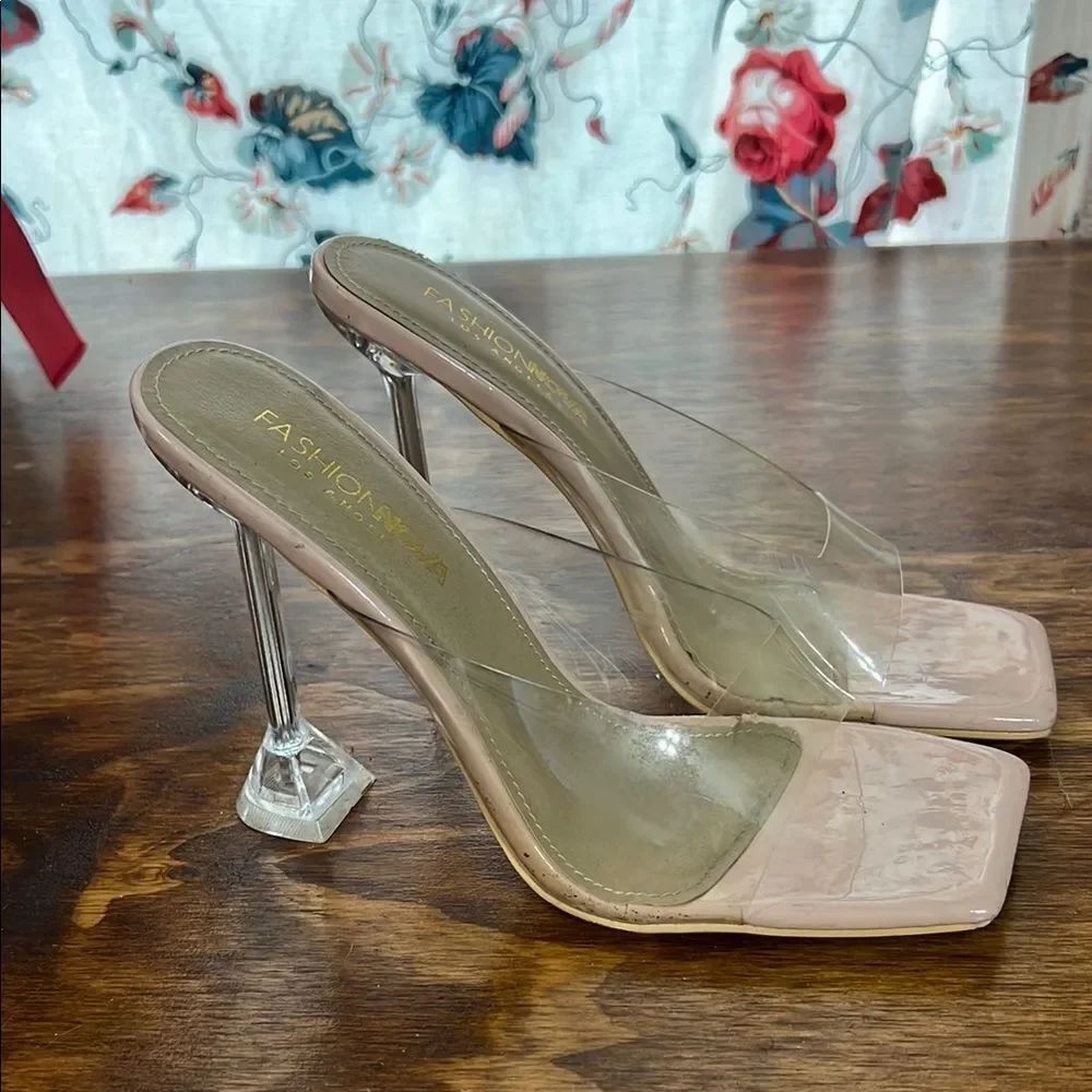 Fashion Nova Cream Slingback Heels with Clear Design